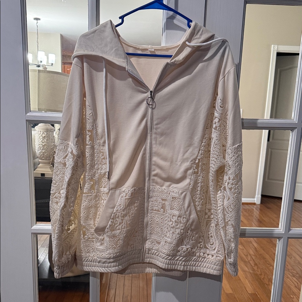Cream Lace Zip-Up Hoodie